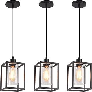 AOJUNSANSAN 3 Pack Black Industrial Lantern Pendant Lights Kitchen Island - Farmhouse Clear Glass Shade Adjustable Hanging Fixtures Dining Room