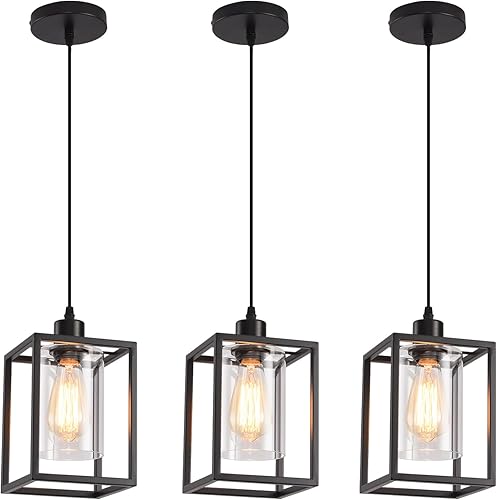 Paquete de 3 luces colgantes negras para isla de cocina, lámparas colgantes industriales con pantalla de vidrio transparente, iluminación colgante