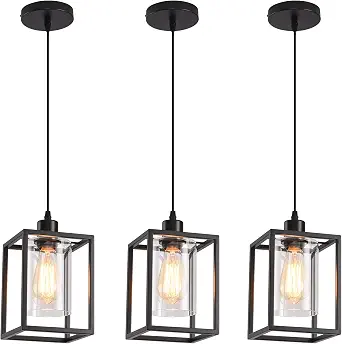 3 Pack Black Pendant Lights for Kitchen Island, Industrial Lantern Fixtures with Clear Glass Shade, Adjustable Height Farmhouse Hanging Lighting for Dining Room