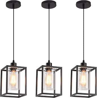 3 Pack Black Pendant Lights for Kitchen Island Industrial Lantern Pendant Light Fixtures with Clear Glass Shade