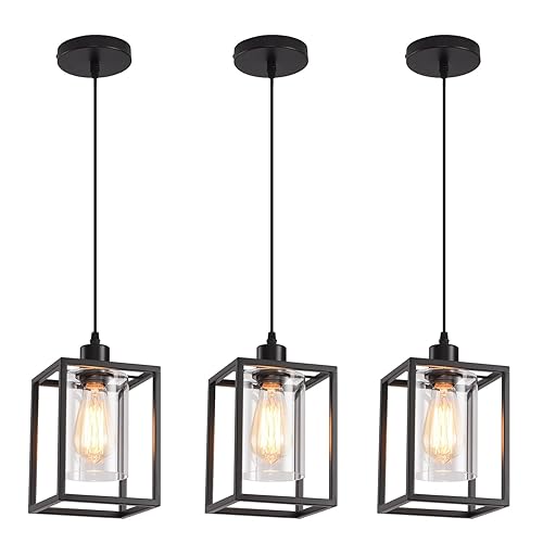 3 Pack Black Pendant Lights for Kitchen Island Industrial Lantern