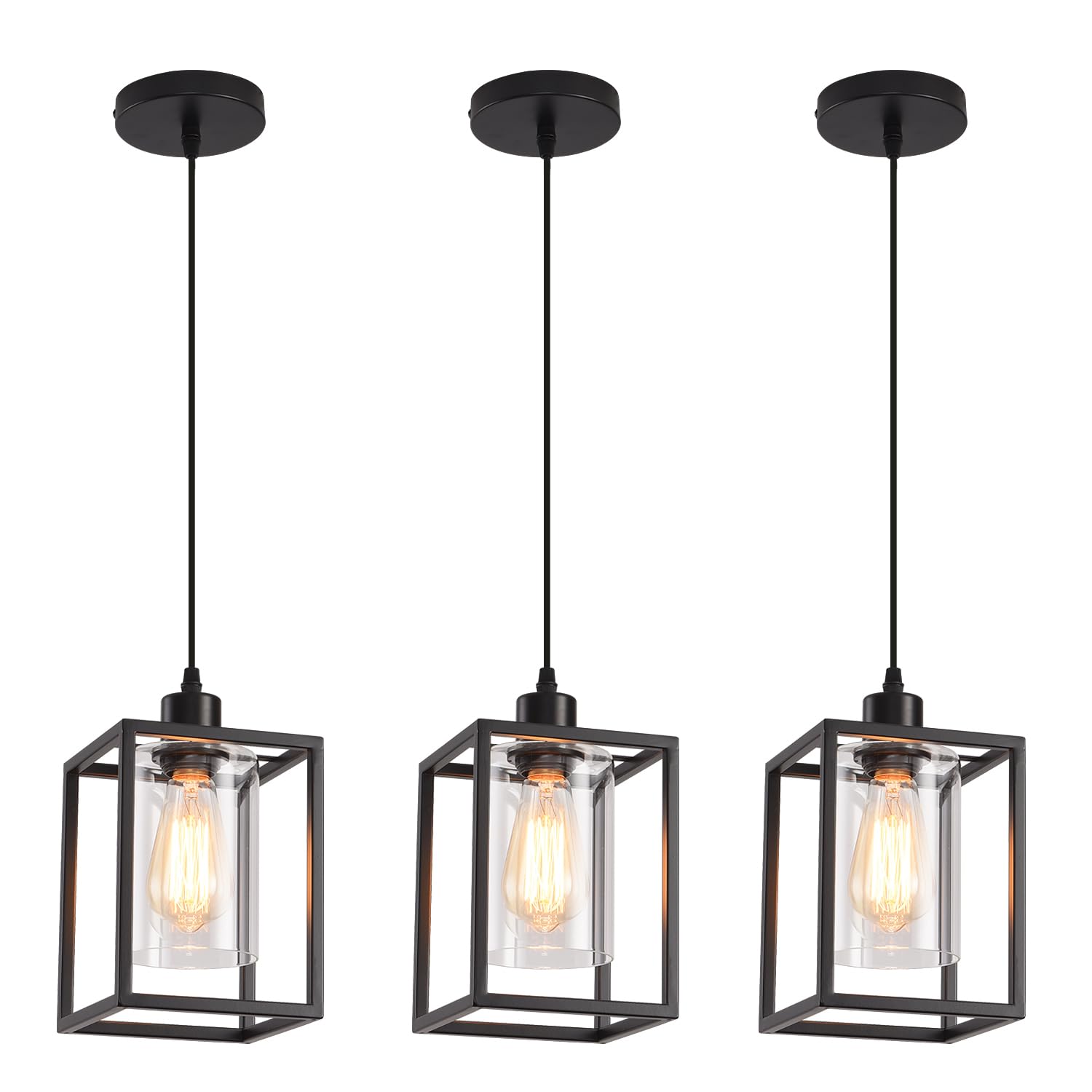 3 Pack Black Pendant Lights for Kitchen Island Industrial Lantern Pendant Light Fixtures with Clear Glass Shade, Farmhouse Adjustable Height Hanging
