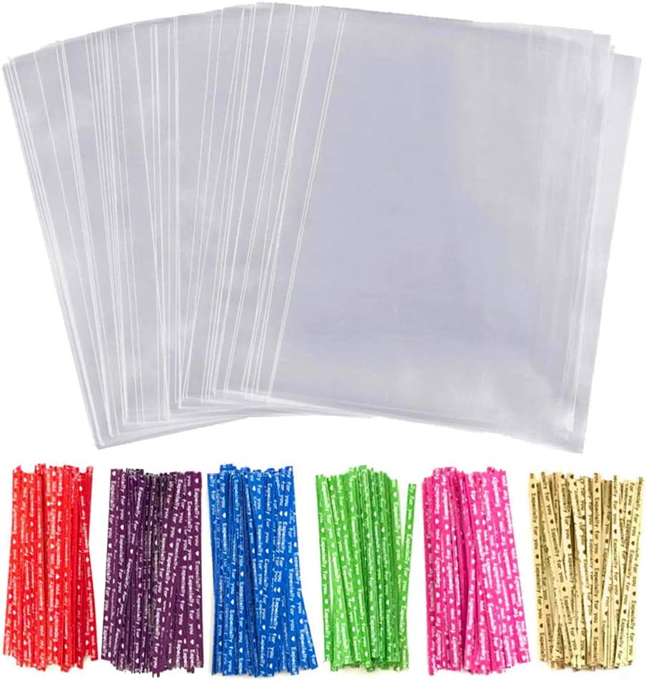 Cellophane Treat Bags 100 Pcs Clear Cello Candy Cookie Lollipop Bakery Dessert Cello Flat Goodie Bag with 100 Twist Ties Resealable 3" x 4"