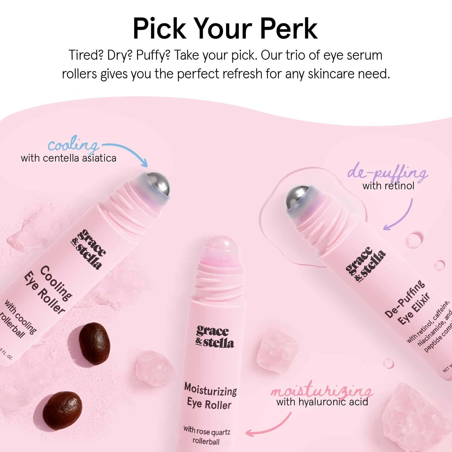 grace & stella Under Eye Serum with Rose Quartz Rollerball - Hyaluronic Acid & Caffeine Eye Serum for Dark Circles & Puffiness - Valentines Day Gifts for Her, Travel Size Toiletries (15ml / 0.51floz)