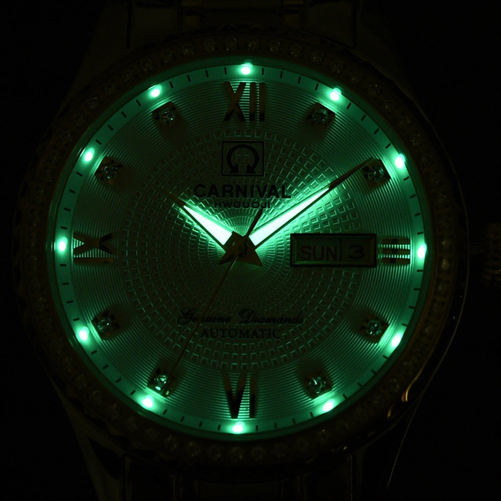 Carnaval para hombre Diamante Dial Automático Oro y Plata Sapphire resistente al agua hombres de acero inoxidable negro reloj