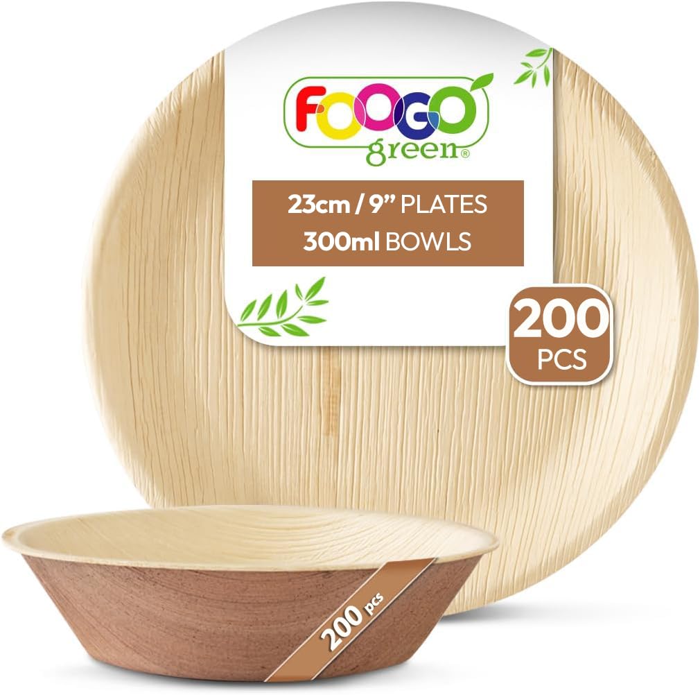 FOOGO Green 400pcs Disposable Palm Leaf Plates and Bowls, 200x Large Round Plates, 200x Bowls, Disposable Bamboo, Eco Friendly Biodegradable, Strong Paper Party Wedding, Picnic, Camping
