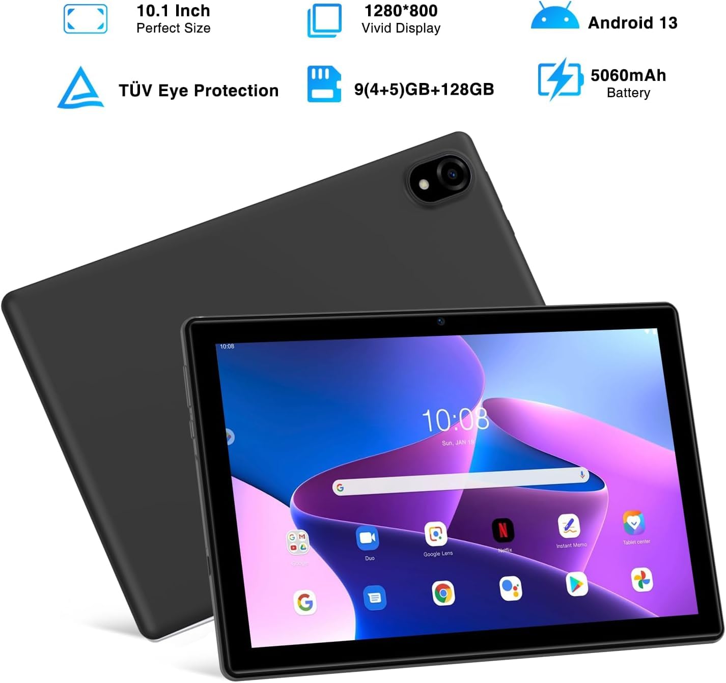U10 Tablet 10,1", WiFi 6 tabletów z systemem Android 13, 9 GB RAM+128 GB ROM, 1280 x 800 IPS, TÜV, 5060 mAh, Face ID, OTG, Bluetooth 5.0, 8 MP+5MP, szary