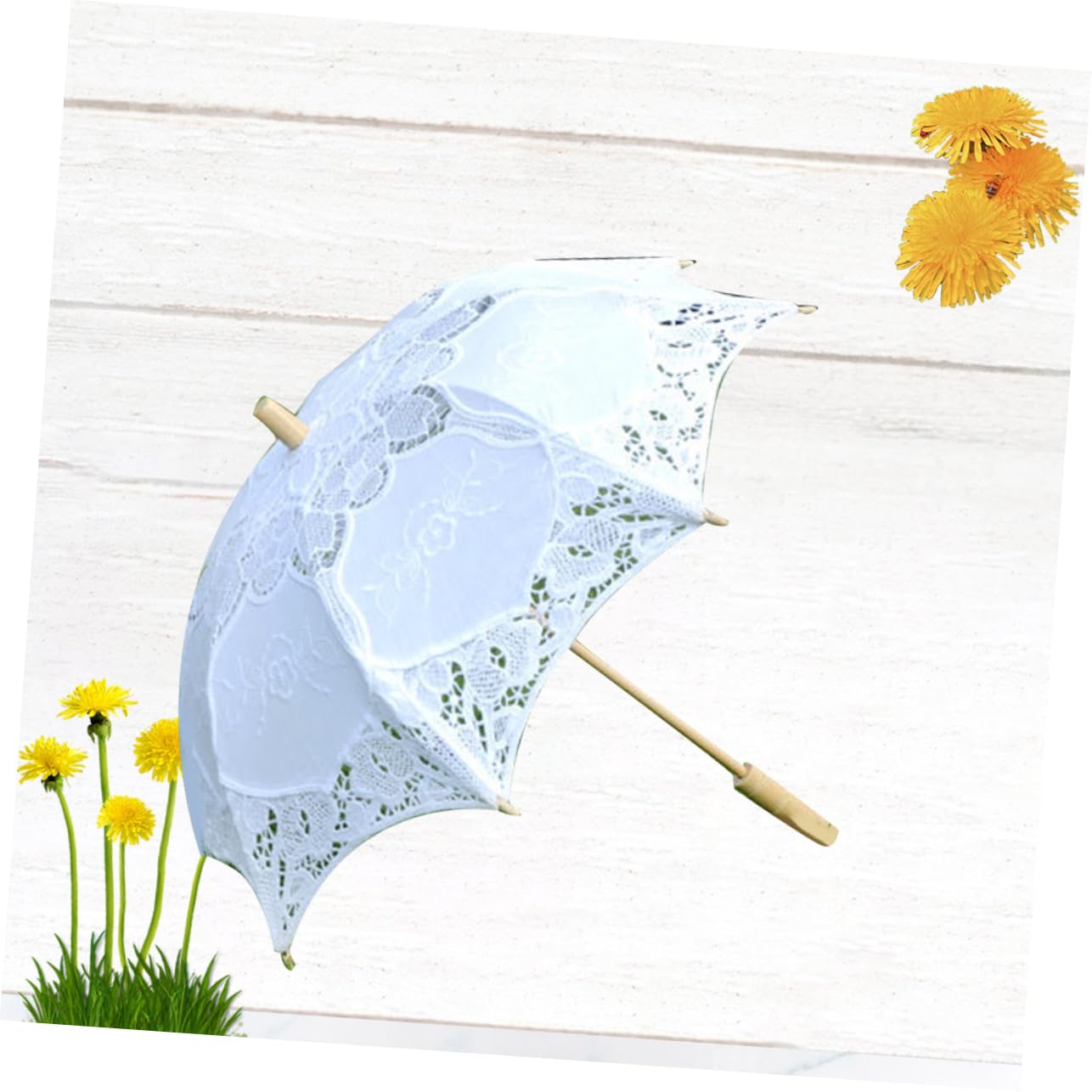 GALPADA Wedding Bride Lace Umbrella Stage Photo Decor Exquisite Cotton Lace White Handle 52cm Diameter 60cm