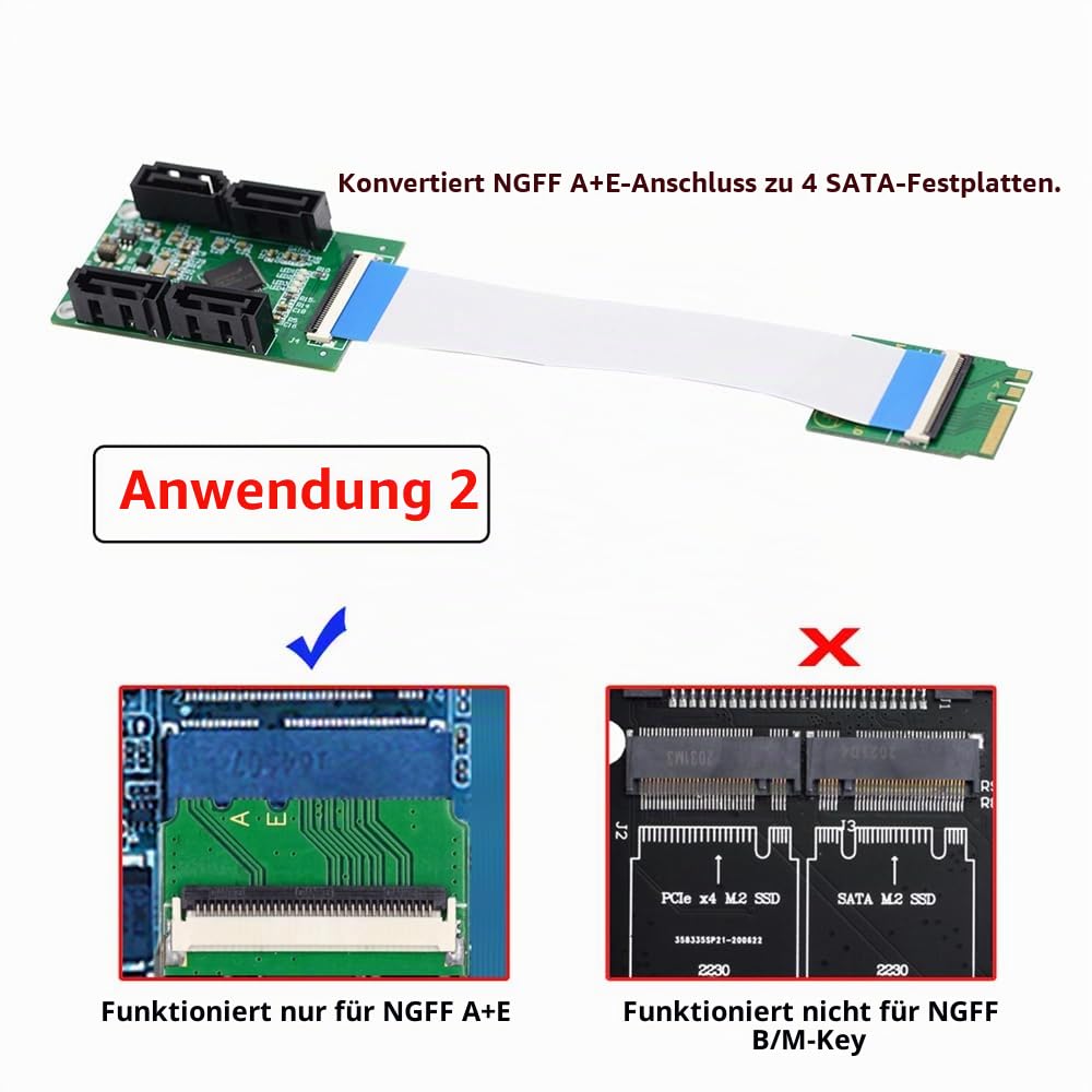 xiwai Mini PCI-E NGFF A+E auf SATA 3.0 4 Ports Adapterkabel 6 Gbit/s