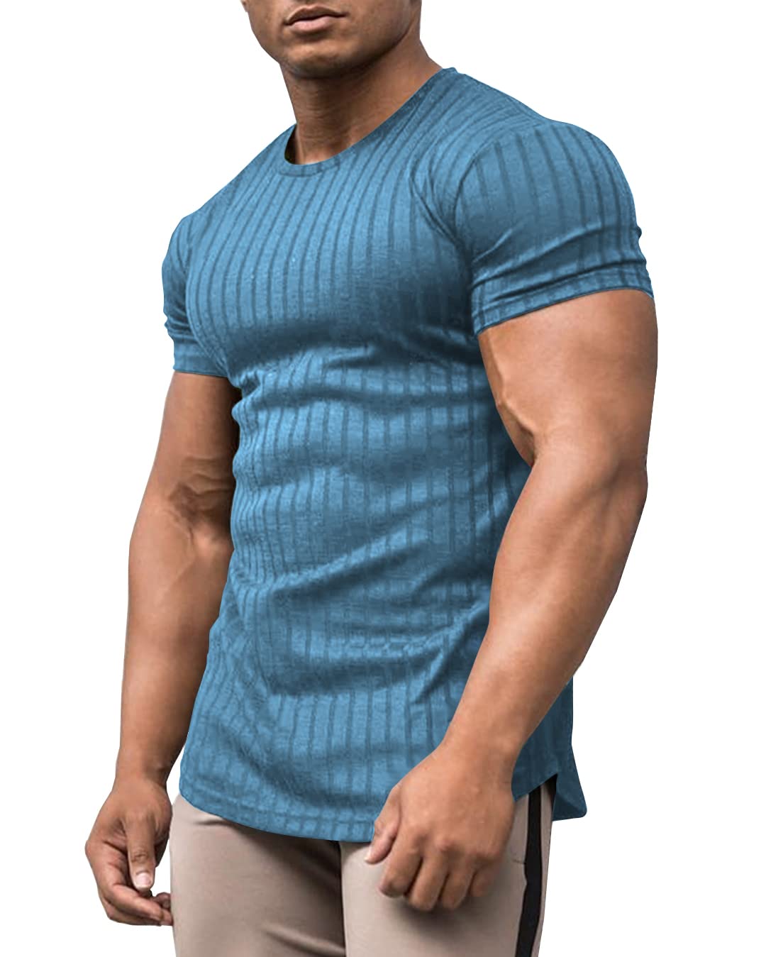 URRU Men's Muscle T Shirts Stretch Short Sleeve Bodybuilding Workout Casual Slim Fit Tee Shirts