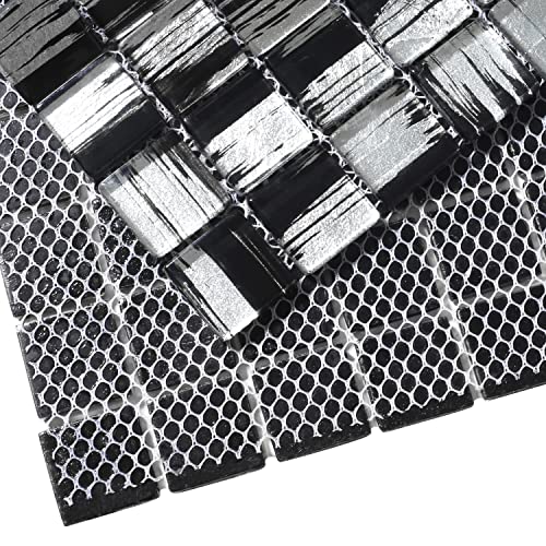 Parrotile Silver Glass Tile, 7/8 Inch Squared Black Glass Mosaic Tiles, 12X12 Inch Per Sheet Mesh Mounted, Mosaic Glass Tile For Kitchen Bath Shower Accent Wall Backsplash (Pack Of 5 Sheets) #TOP4