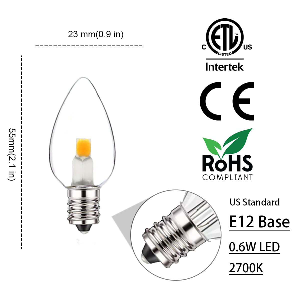 8 Pack C7 LED Night Light Bulbs - E12 Base Warm White 2200K For String Lights & Salt Lamps