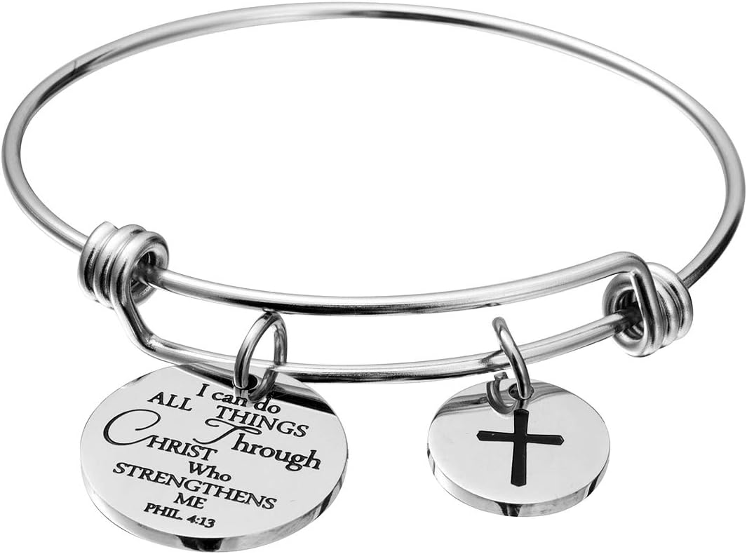 Bible Verse Bangle Bracelet Cross Charm Confirmation Bracelet Scripture Jewelry Gifts for Women.