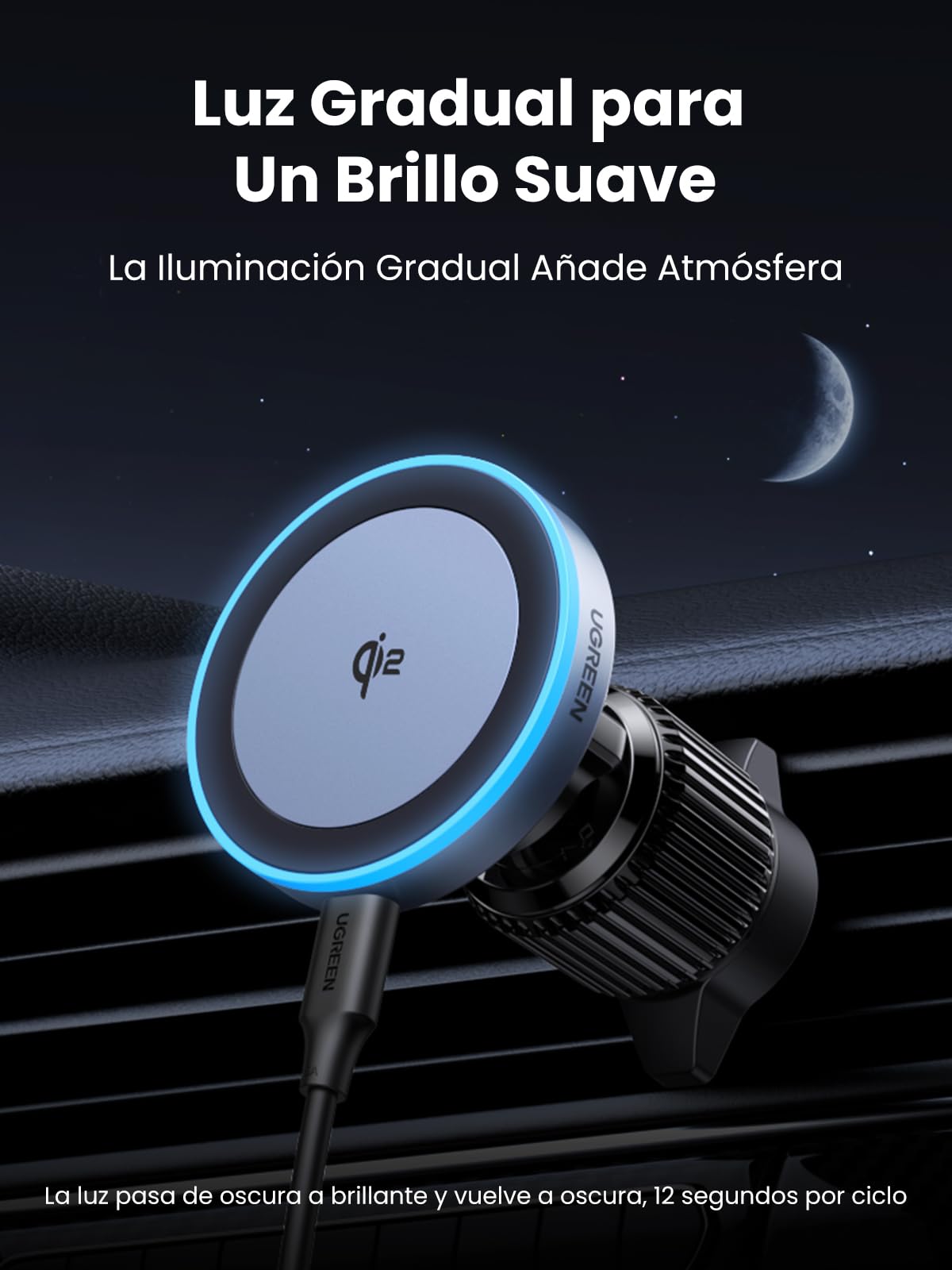 UGREEN MagFlow Cargador Inalámbrico iPhone Coche Certificación Qi2 Real 15W Carga Rápida Soporte Móvil Coche Magnético Compatible con MagSafe iPhone 17 16 15 14 13 12 Pro MAX Air Plus
