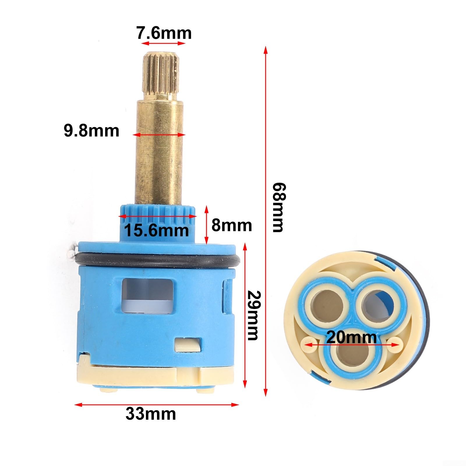 Válvula de ducha de 3 vías, cartucho desviador de flujo de repuesto con núcleo de cerámica para grifo mezclador de baño, 33 mm x 68 mm