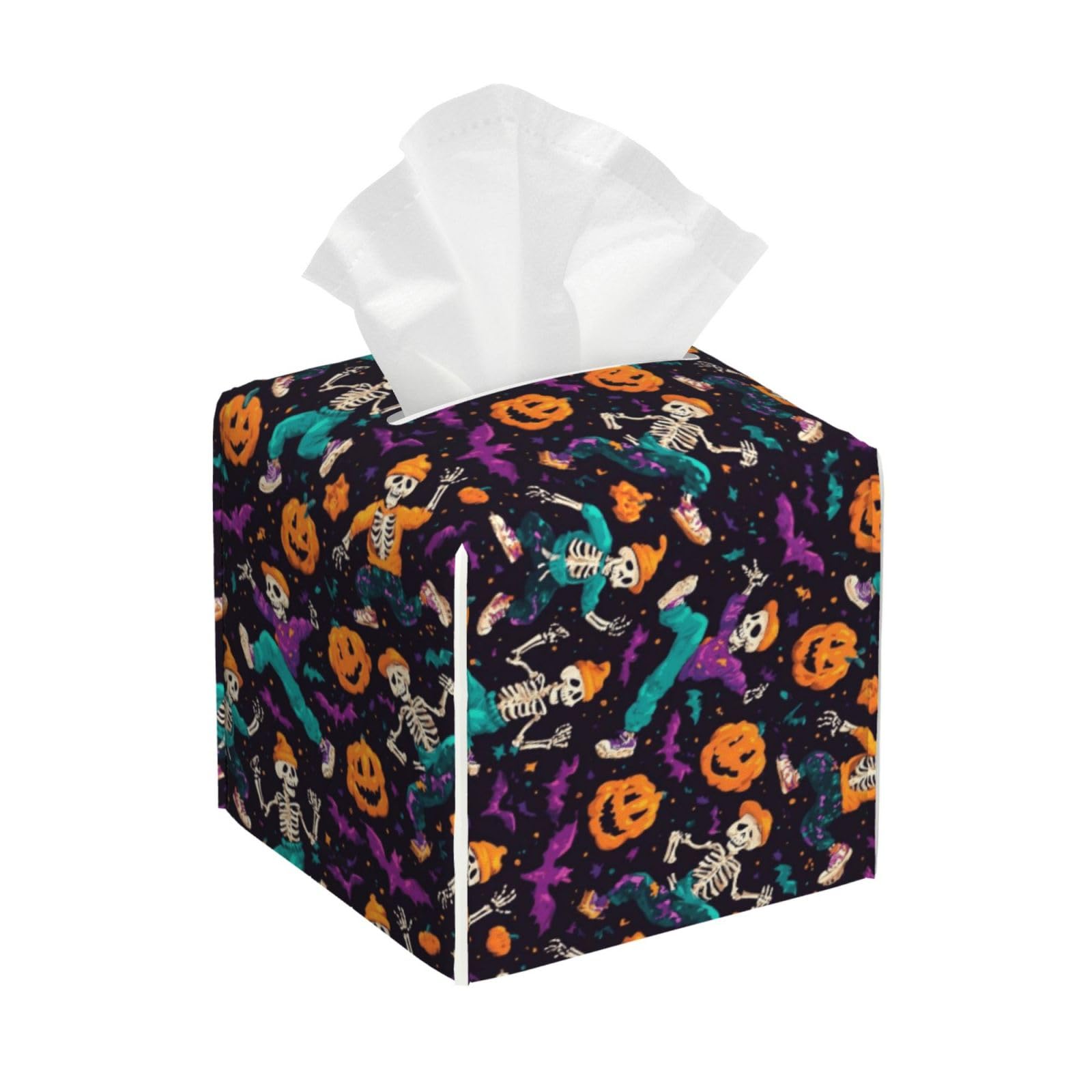 Dancing Skull Bat Pumpkin Print Tissue Box Cover Holder Square, Foldable Modern Cube Tissue Box Cover, Leather Decorative Organizer for Tabletop Bathroom Car Office Desk Decor