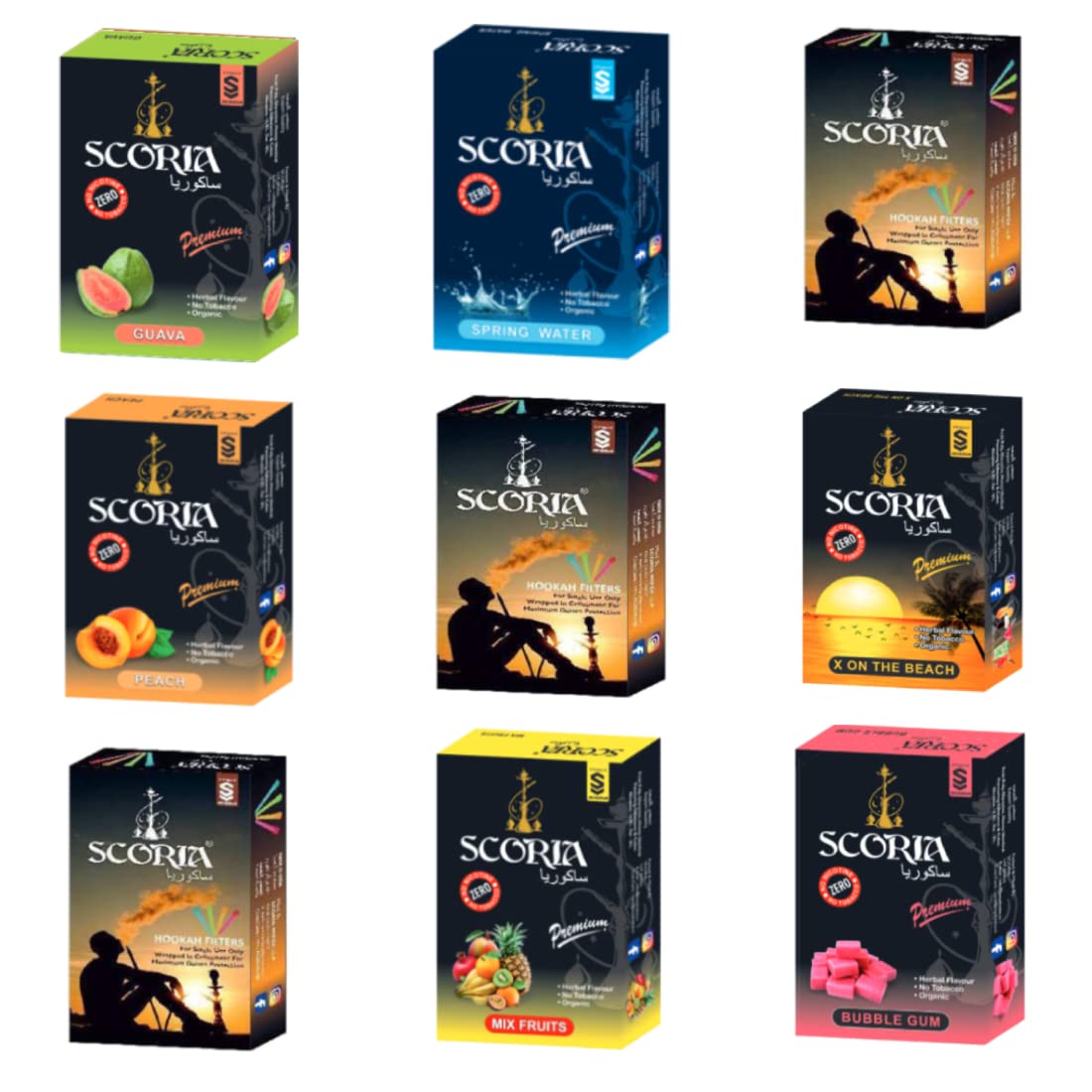 SCORIA Herbal Hookah Molasses (100% Nicotine and Tobacco Free) GUAVA,SPRING WATER,PEACH,X ON THE BEACH,MIX FRUITS,BG Flavor (Pack of 9)