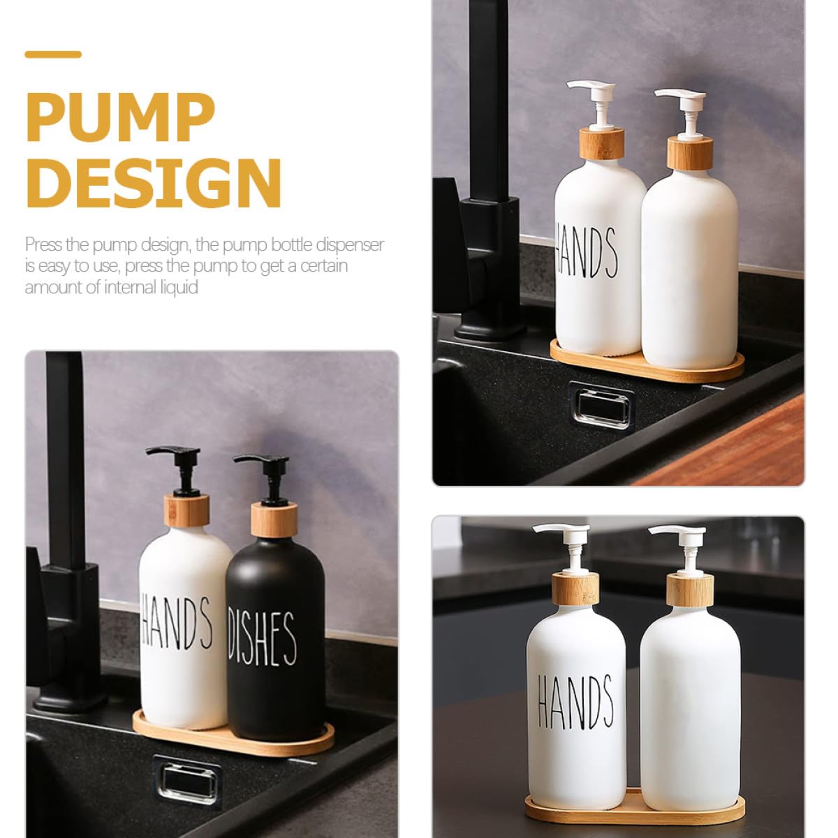 GARVALON Nachfüllbarer Seifenspender Matte Glasflaschen und Holztablett Inkl Pumpspender für Shampoo Conditioner und Flüssigseife Kompakt Langlebig für Bad und Reise