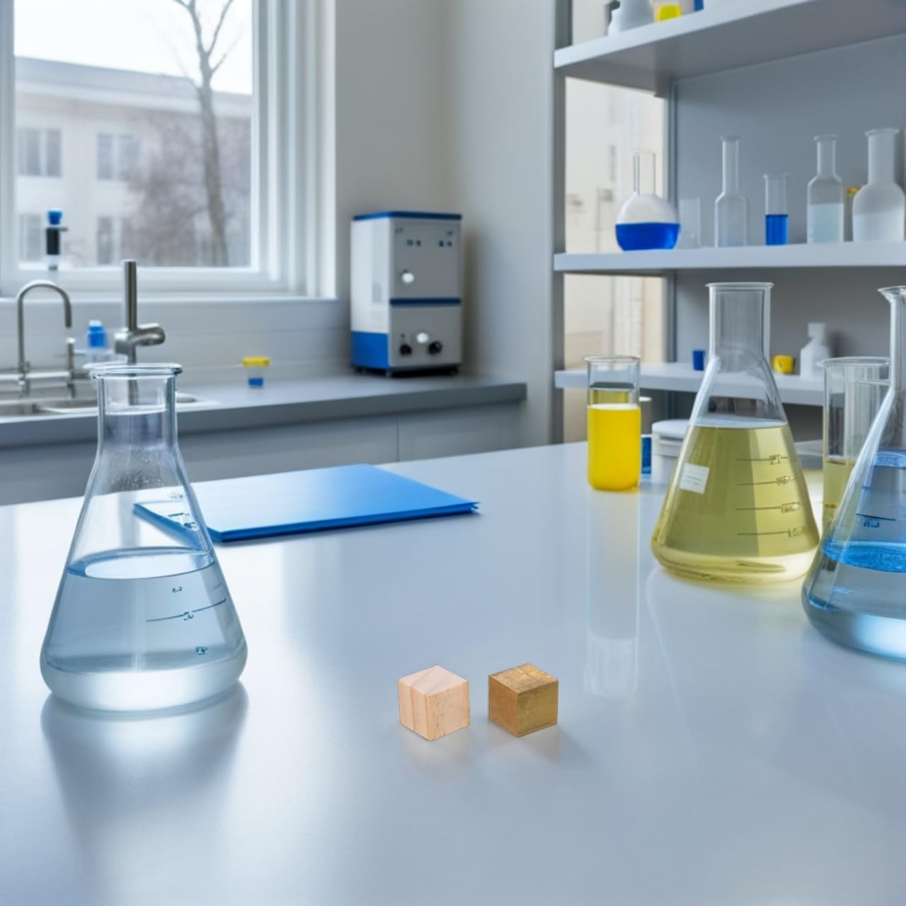 OUNONA Lot de 7 cubes de densité métallique de précision, composés de blocs d'aluminium et de fer et cylindres en cuivre, pour expériences scientifiques, projets physiques, démonstrations pédagogiques