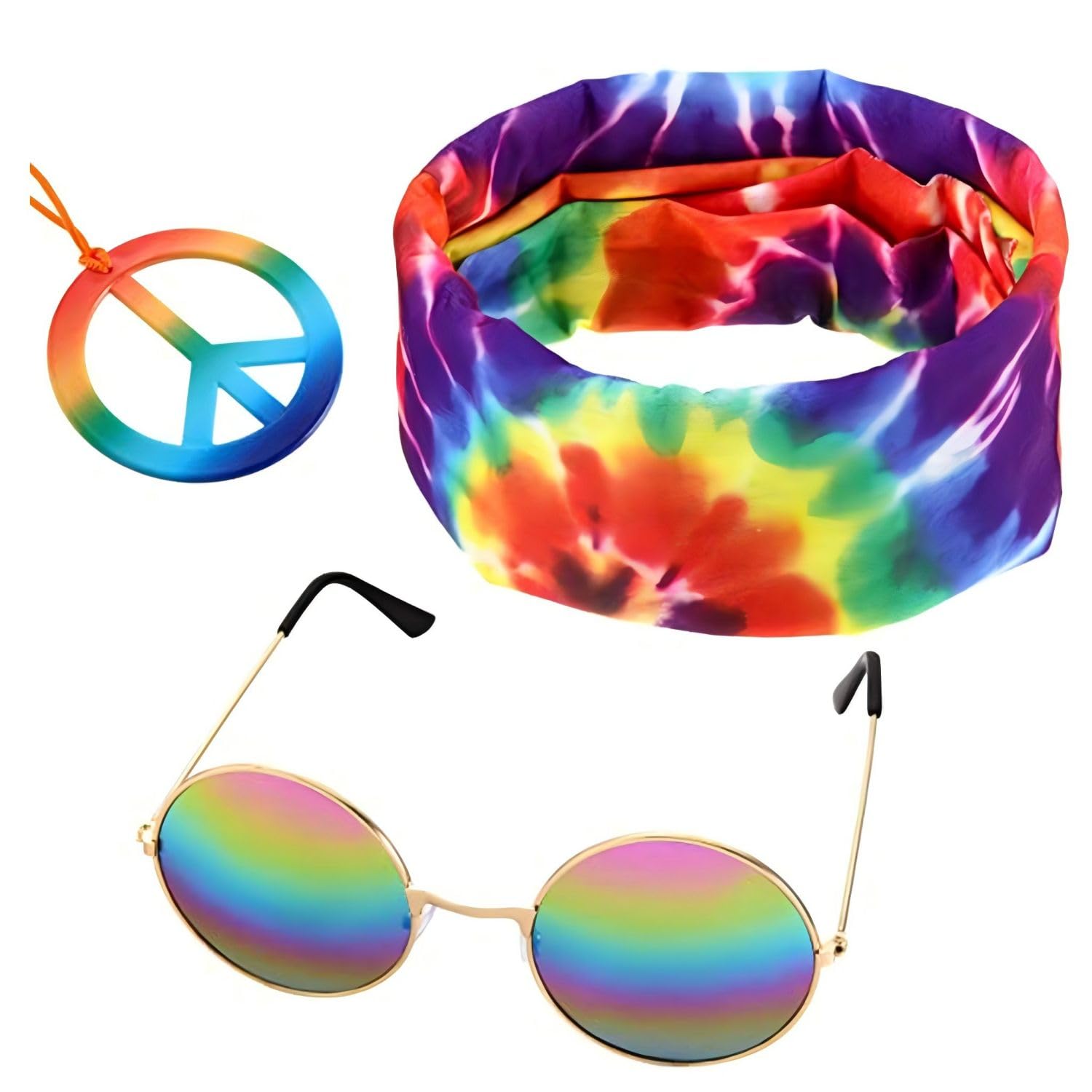 Tabanzhe 3PCS Hippie Costume Set-Sunflower Headband Peace Necklace Circle Hippie Sunglasses Set 60s 70s Fancy Dress Accessories Disco Style Outfit for Men Women