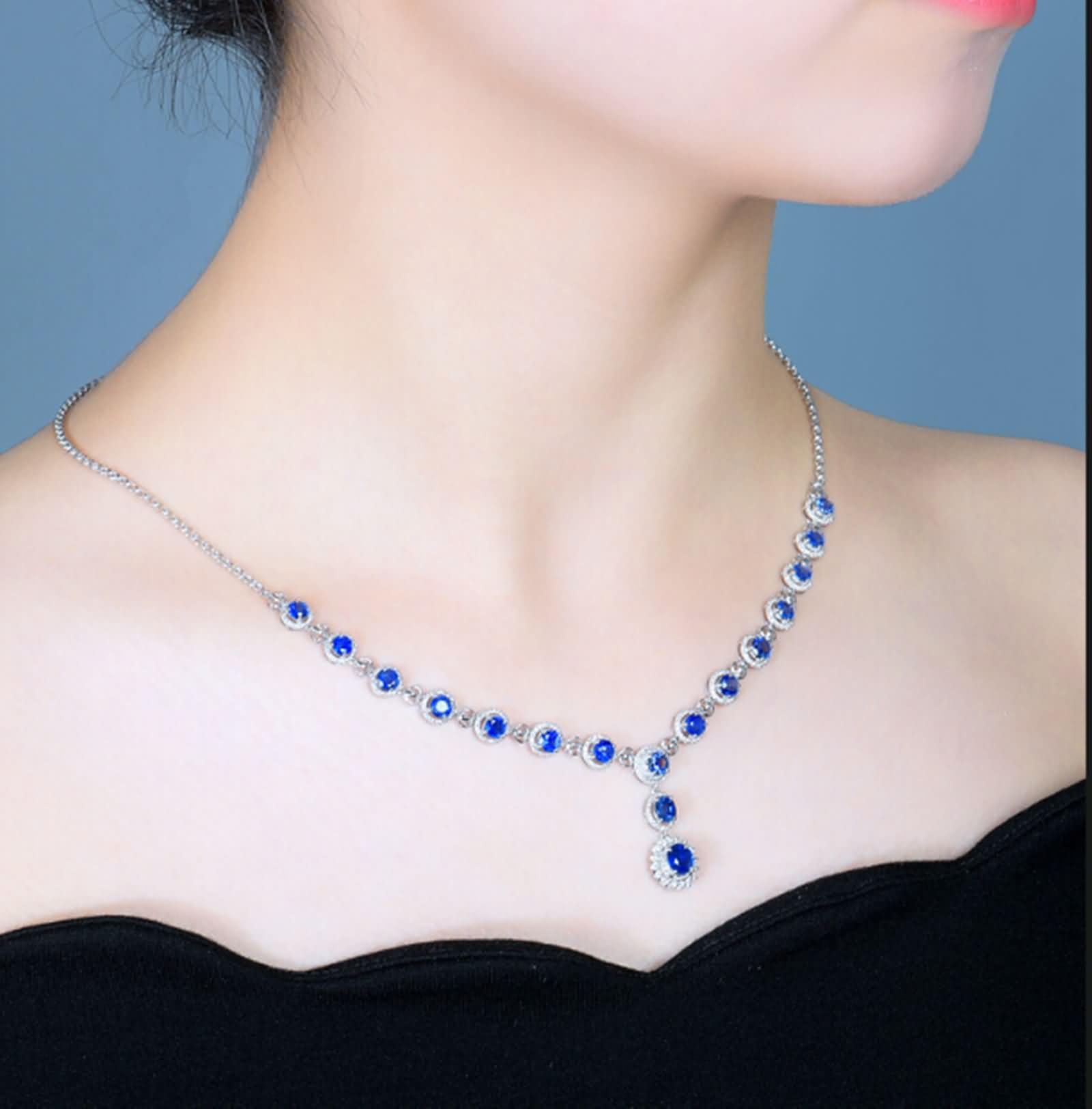 Catena Collana Oro Bianco 18 Carati Donna,Catene Collane Rotondo con Zaffiro Sintetico 7,3 ct Catena Collana Donna Blu Argento