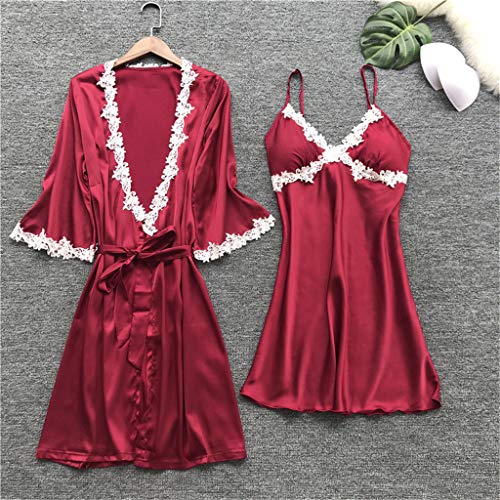 Pyjama 5-Teiliges Schlafanzüge Nachthemd Set Für Damen Satin - Satin Pyjama Damen Kurz Set Schwarz - Babydoll Sexy Spitze Kurz Satin Pyjama Set Mit Mantel Satin Nachtkleid Mit Morgenmantel