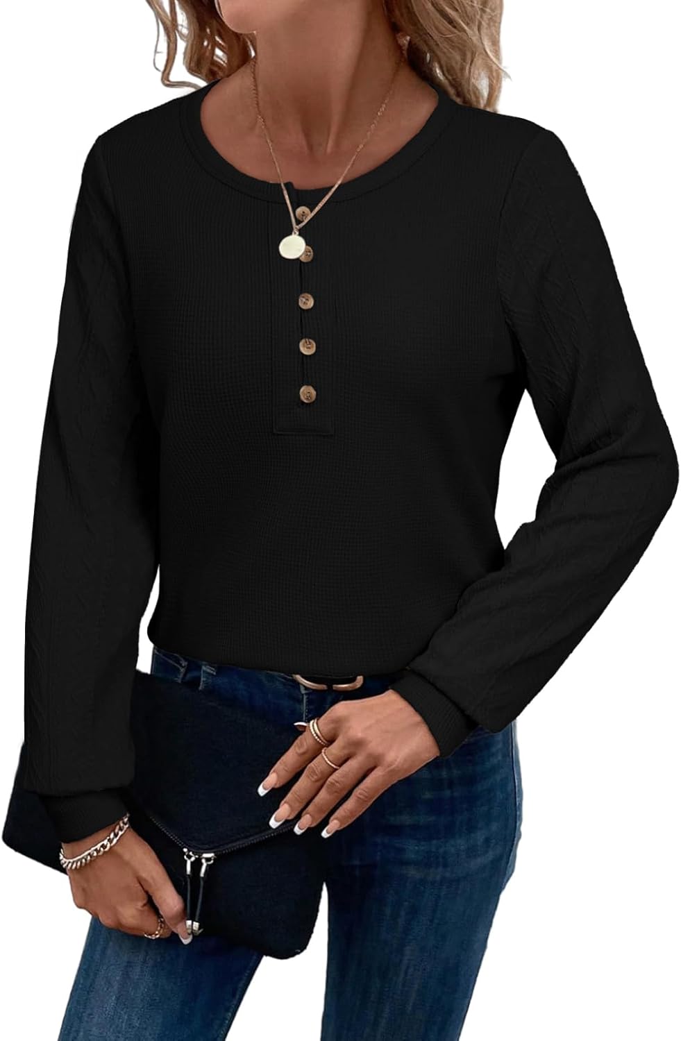 BLENCOT Womens Waffle Knit Tops Casual Long Sleeve Button Down Henley Basic Shirts - Image 3