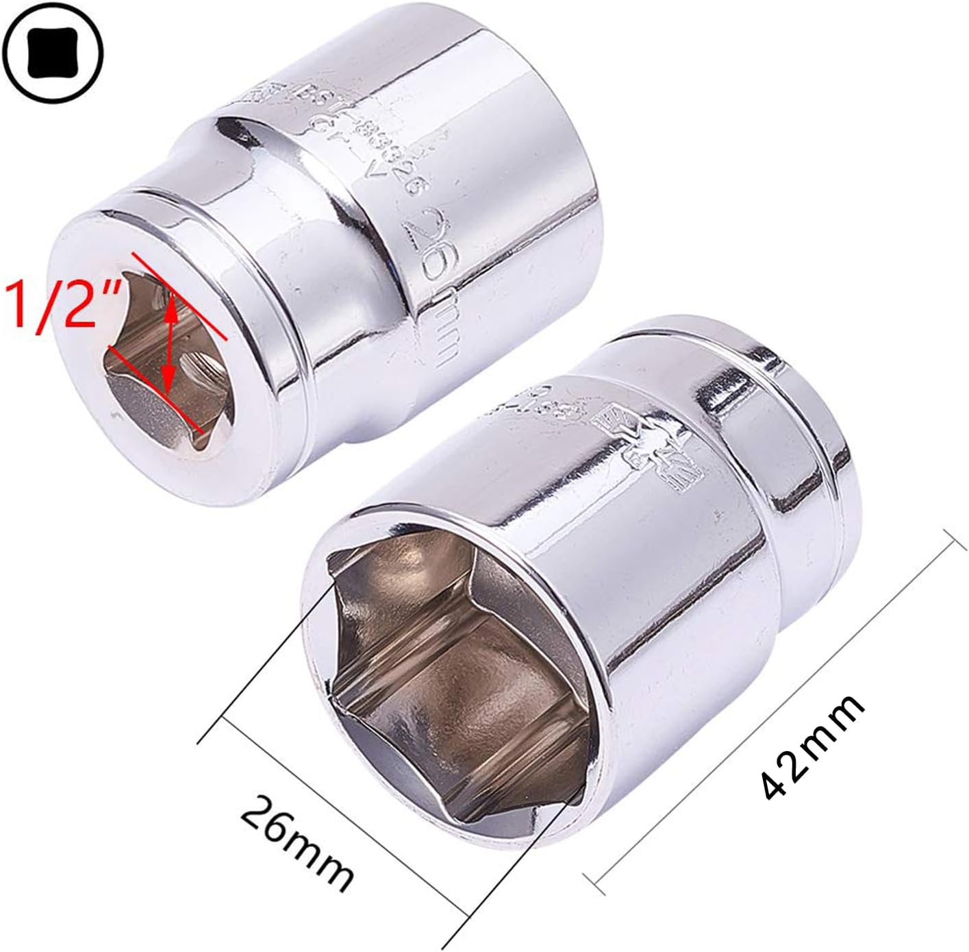 Utoolmart Shallow Socket, 1/2-Inches Drive 6-Point 26mm Metric Socket, Chrome Vanadium Steel Chrome Finish, for General Repairs