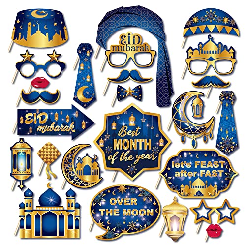 25Pcs Eid Mubarak Photo Booth Props Kit with Sticks,Muslim Islamic Ramadan Kareem Decorations Blue and Gold Photo Backdrop for Funny Selfie Props Festival Celebrations Wedding Birthday Party Supplies