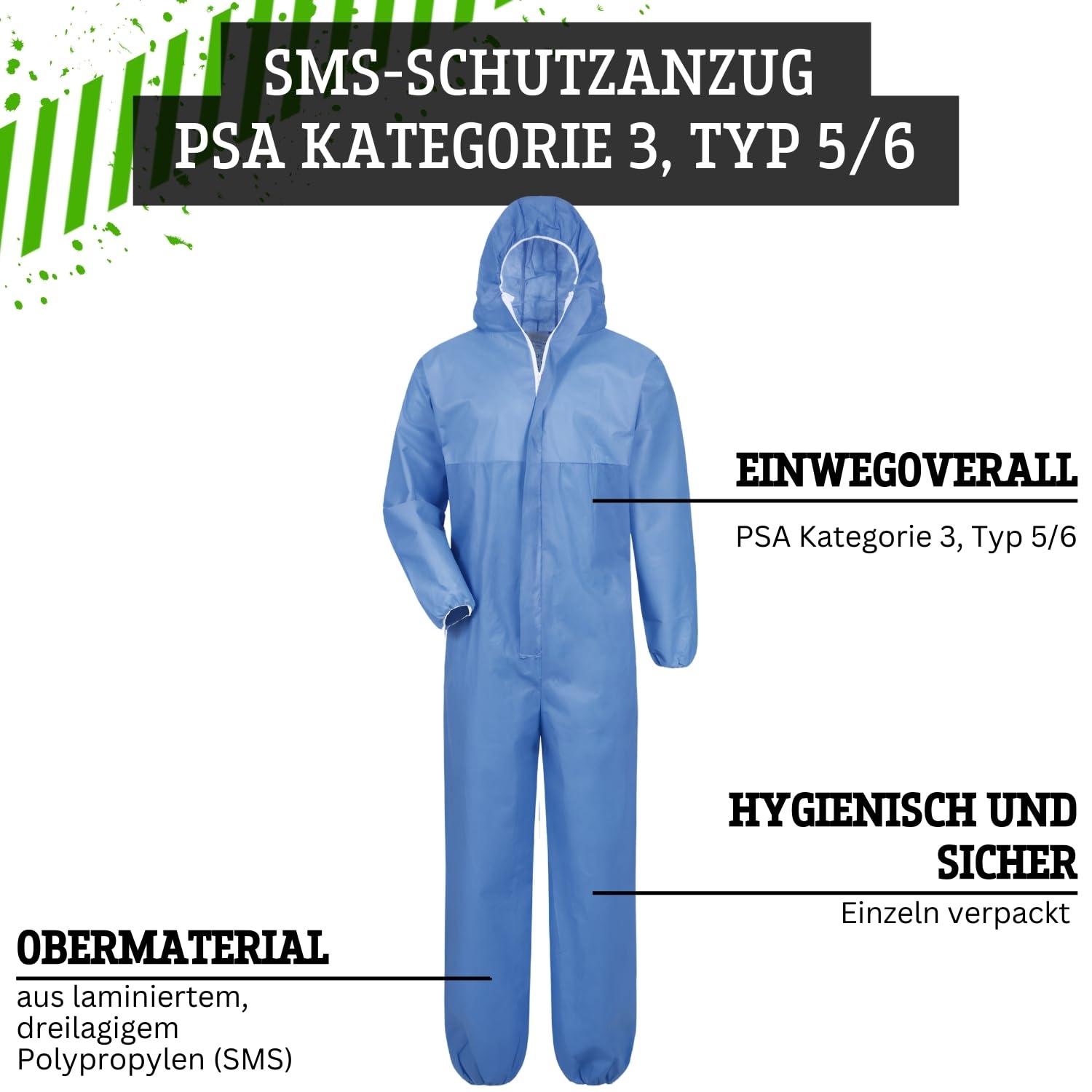 Safetytex SMS Schutzanzug - Einweg Overall - PSA Kat. 3 Typ 5/6 - Partikeldicht & Spritzwassergeschützt - Ideal für Asbest, Sanierung & Industrie - Blau/Weiß