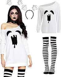 Conjunto de fantasia de Halloween para mulheres, fantasia de fantasma, faixa de cabeça, meia-calça listrada para cosplay e festa de Halloween