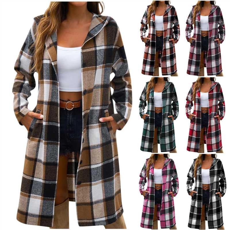 Plaid Shirts for Women Oversized Button Down Long Shacket Jacket Fall Flannel Hooded Trench Coats with Pockets