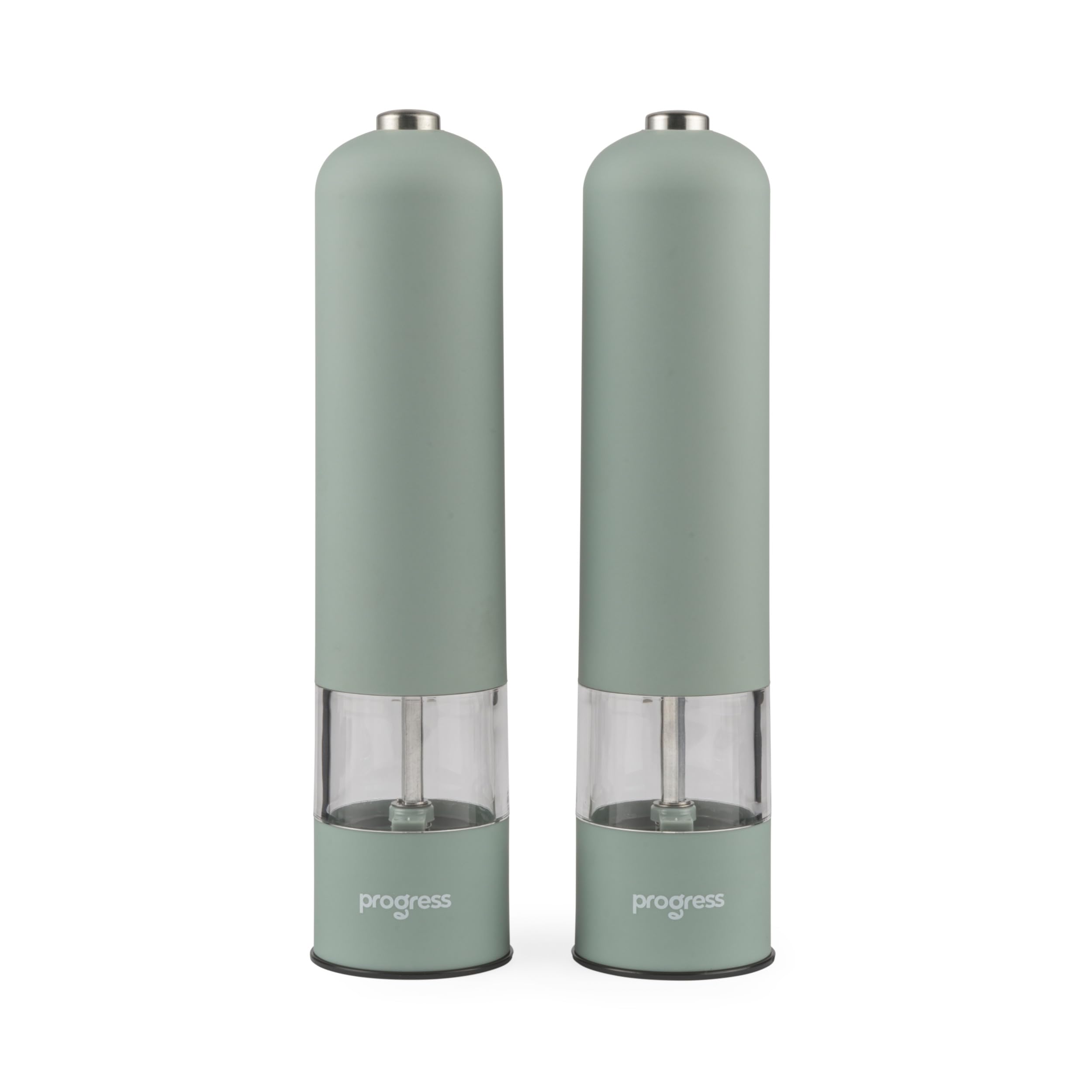 Progress Neutrals Electric Mill Set – 2 x Salt & Pepper Mills, Automatic Seasoning Grinders for Kitchen, Adjustable Ceramic Coarse to Fine Grind, LED Light, Battery-Operated, Sage