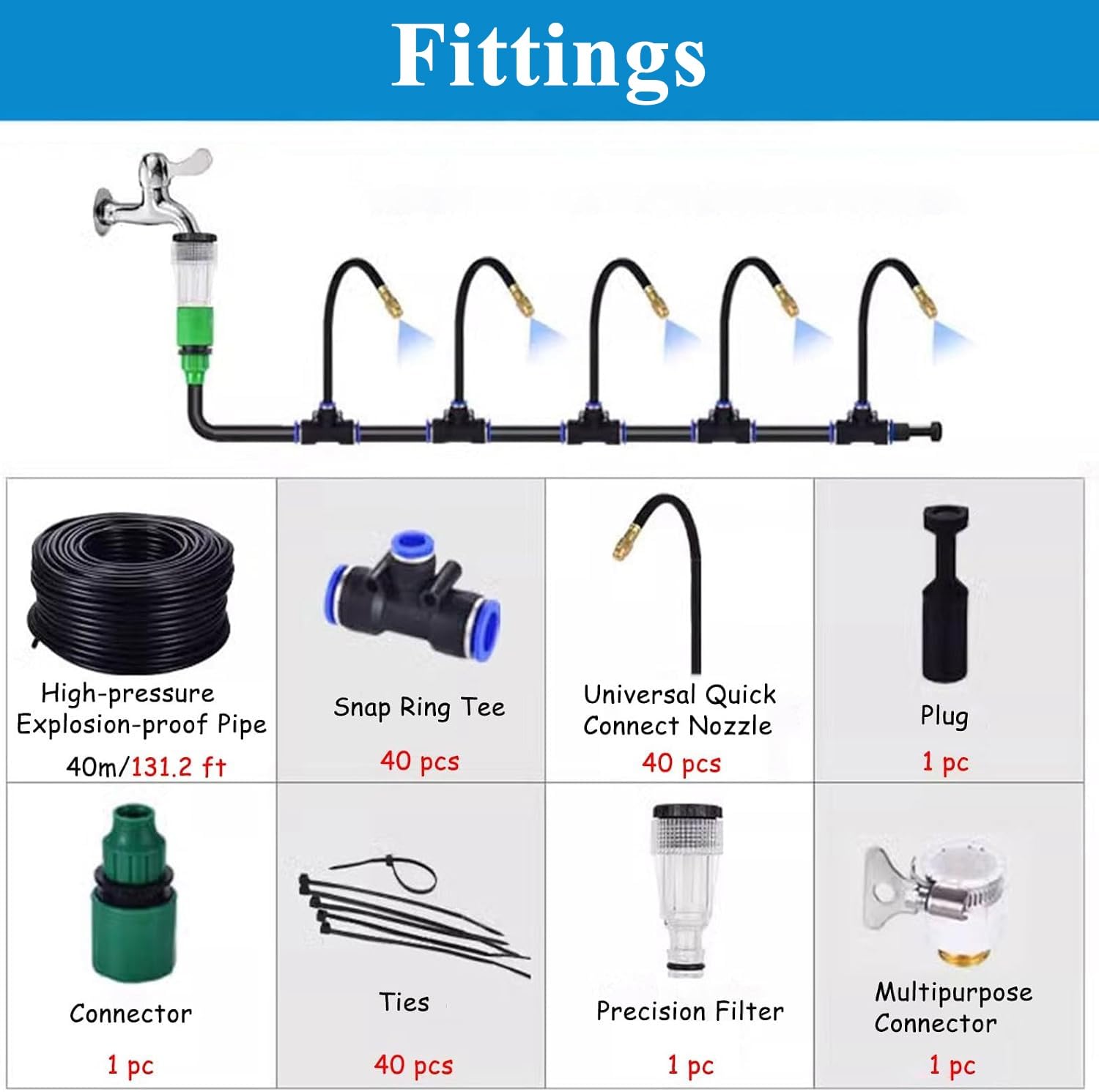 Kit De Riego por Nebulización para Jardín con Rotación De 360° Boquillas Atomizadoras Flexibles Sistema De Riego por Goteo con Manguera De PE para Regar Y Refrescar Plantas | 40m/131ft