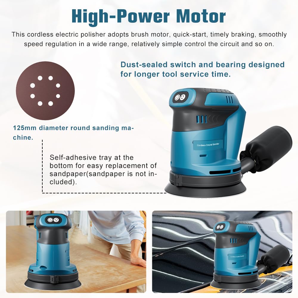 Akku Exzenterschleifer für makita 18V Akku (Akku nicht), Kabellose Elektroschleifer für die Holzbearbeitung, Metallverarbeitung, Lackentfernung, Rostentfernung, Autopolitur, Heimwerken usw