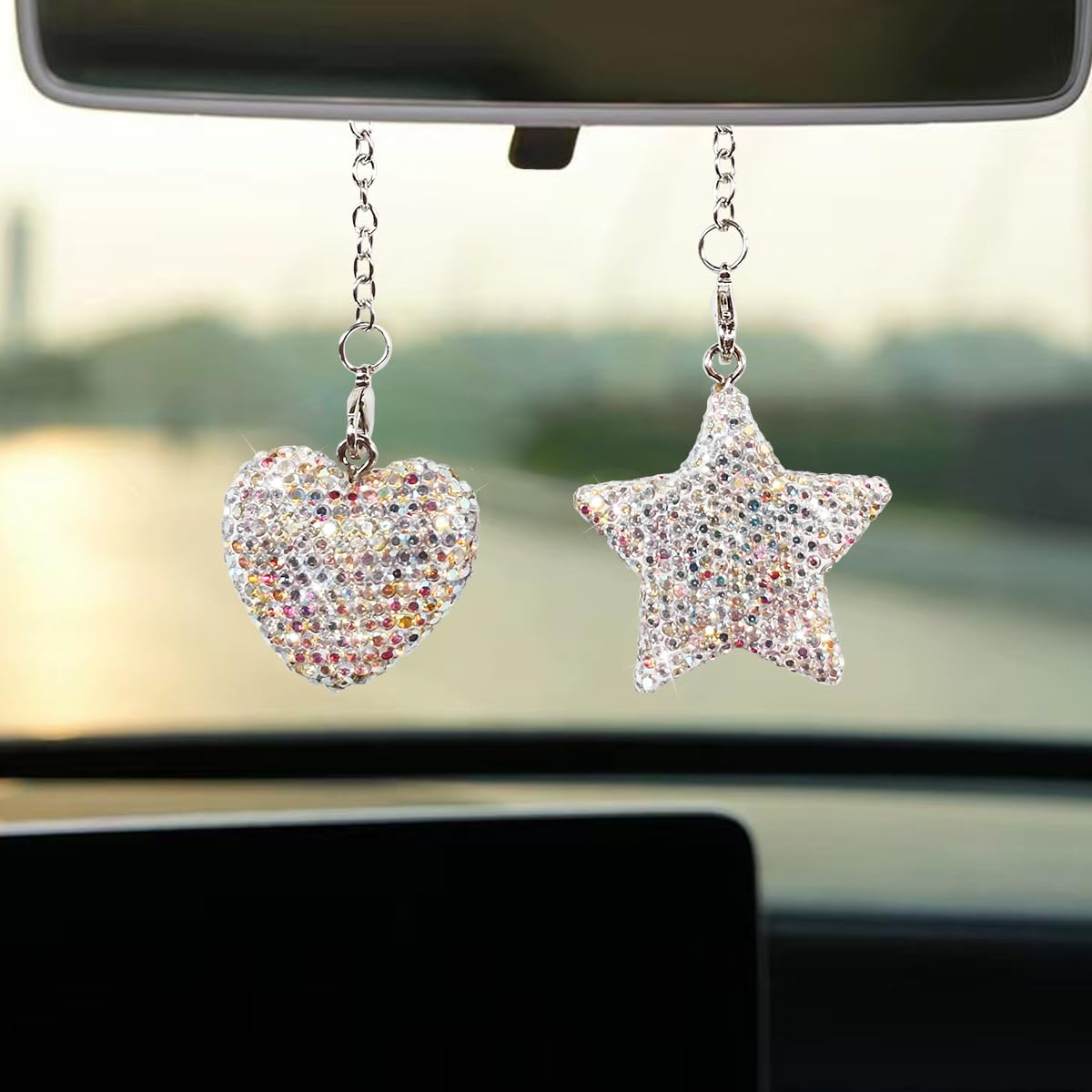 Bling Star Heart Diamond Car Accessories Car Rear View Mirror Charm Car Lucky Hanging Interior Ornament Crystals Pendant