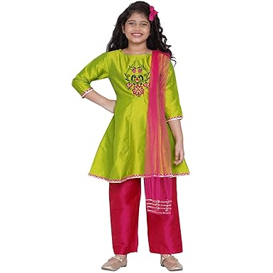 Bitiya By Bhama Girls Silk Kurta & Palazzo & Dupatta