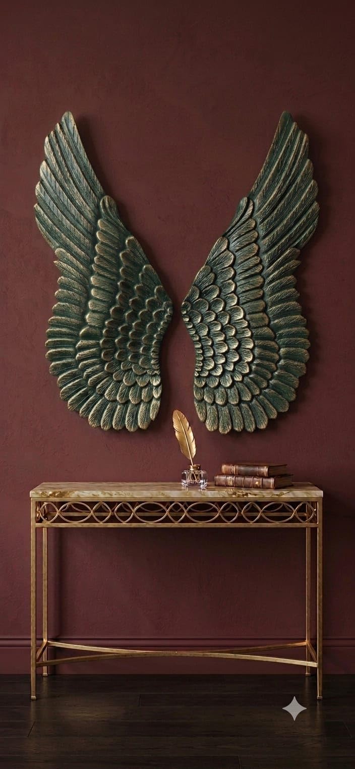WOODIDEADecorative Wooden Angel Wings Wall Art | Hand-Carved Rustic Home Decor for Living Room Handmade Wooden Wings Wall Hanging | Vintage (GREEN GOLD)-image-27