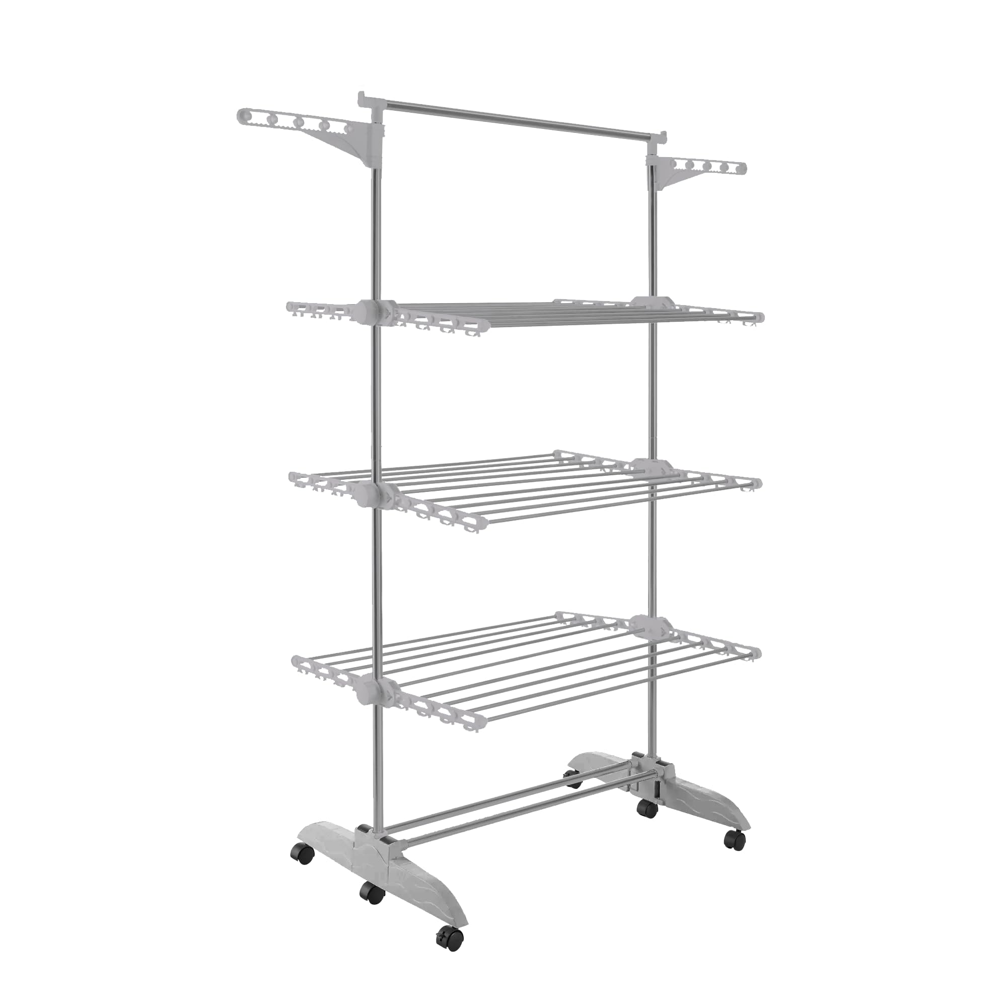 PORTENTUM Tendedero Vertical Plegable 14 cm – 5 Niveles y 58 Ganchos para Perchas – hasta 40 kg – Tenderete 24 Barras de Secado de Acero Inoxidable – Interior y Exterior – Ruedas giratorias con Freno