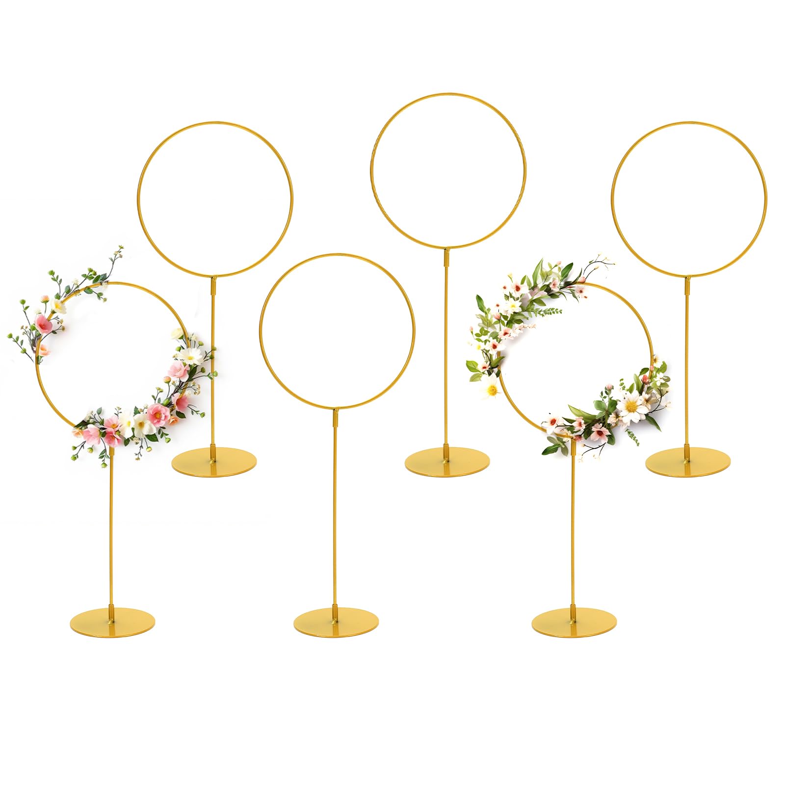 JarThenaAMCS 6Pcs Gold Round Metal Hoop With Stand Hoop Table Centerpiece Gold Ring Table Decor For Home Party Tabletop Ornament Supplies