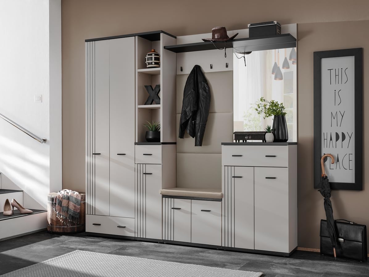 Deconation Hugo Viii - Mueble de entrada con espejo y armario (madera Mdf de Cachemira y negro, 210 x 203 x 32 cm)