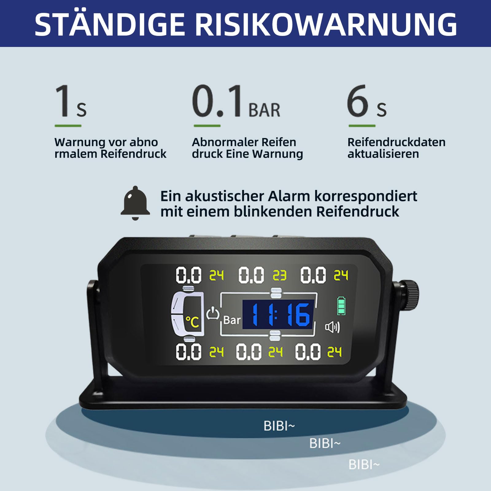 Reifendruckkontrollsystem, TPMS 6 Rad Modi, 8 /15 BAR, 116/217 PSI Max, mit 6 Externen Kupfer Reifendrucksensor, Vertikal/Hängend Montierbar, Solar USB Aufladung, für Busse, Wohnmobile, LKW (0-15 BAR)