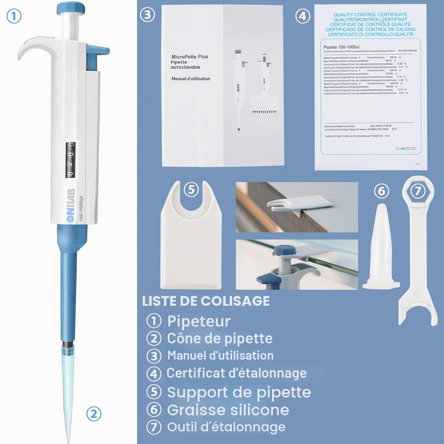 ONiLAB 1-10 ml Pipette de laboratoire monocanal Scientifique Micropipette de laboratoire Manuel Volume réglable Haute précision Pipeteur