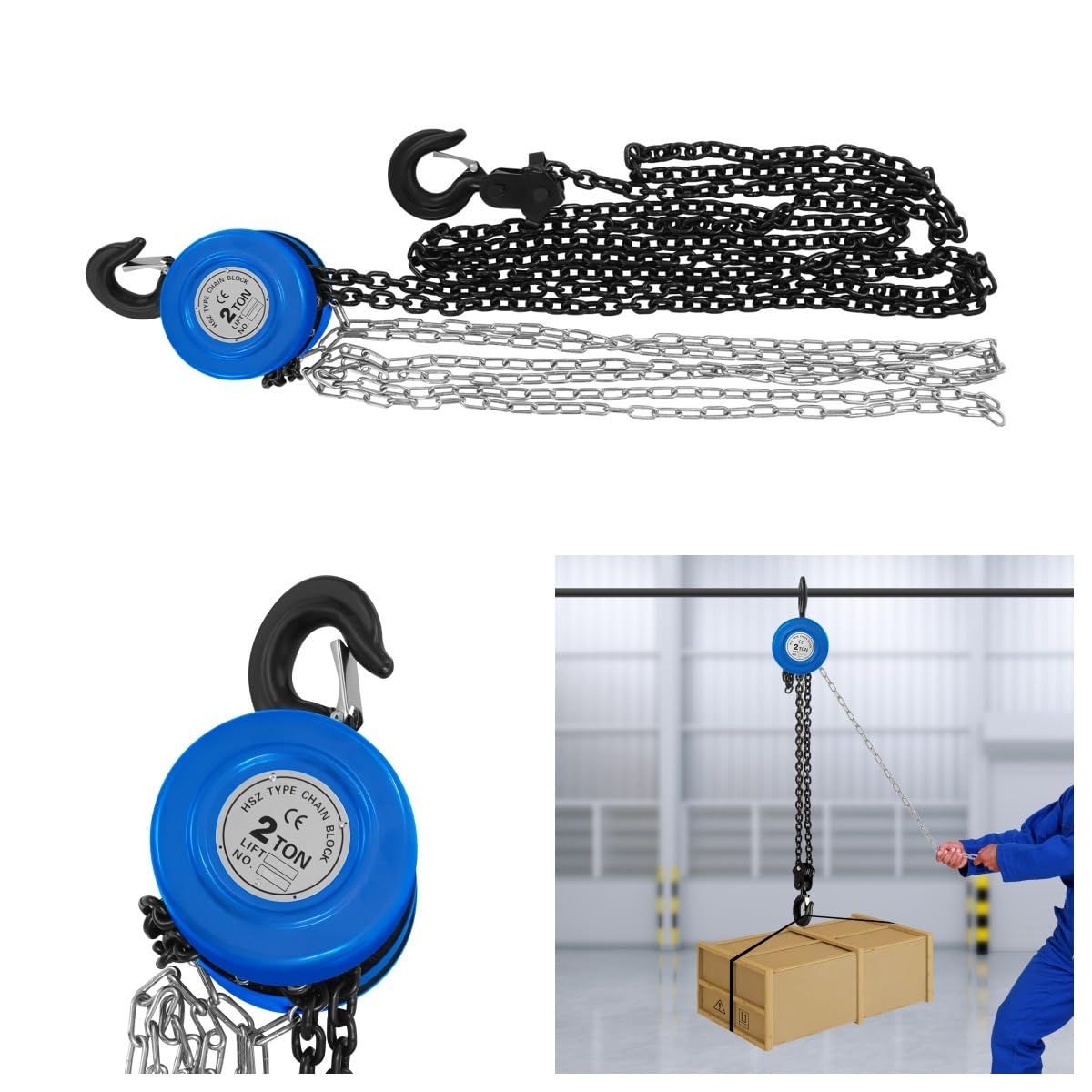 Seilwinde Elektrisch Handkettenzug 2T Manuell 3m 20Mn2 Q235 Stahl für Fabrikbauernhof Garage Lager Baustelle Heben(Blue)