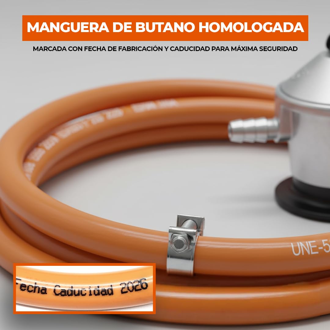 REPORSHOP - Kit Completo para Instalaciones de Gas Butano y Propano - Regulador de Gas con Caudal 2,5 kg/h - Tubo Manguera Butano 1,5 mt Diámetro 9-15 mm - 2 Abrazaderas