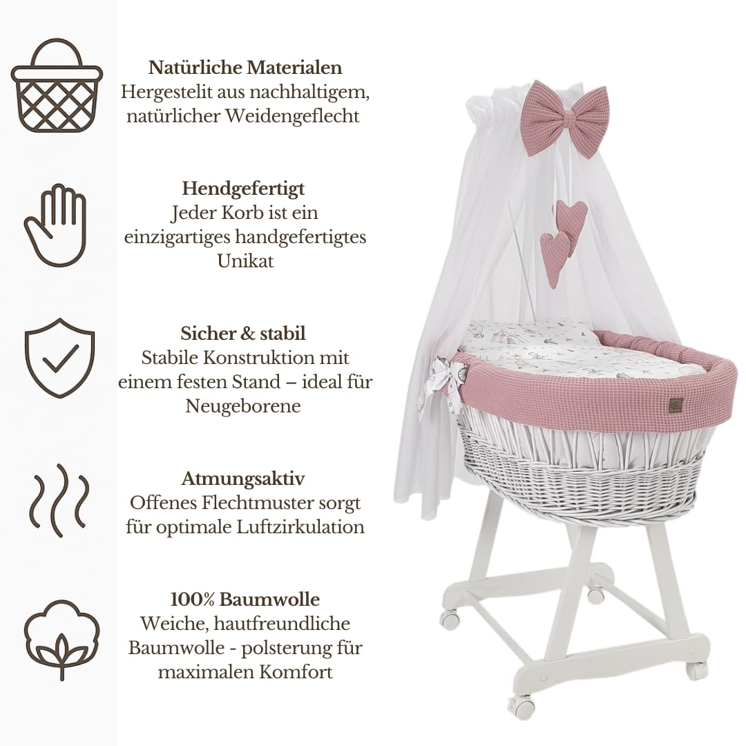 Moisés blanco con estructura, dosel colchón y ropa de cama de tela de gofre, ruedas silenciosas (rosa - conejito)