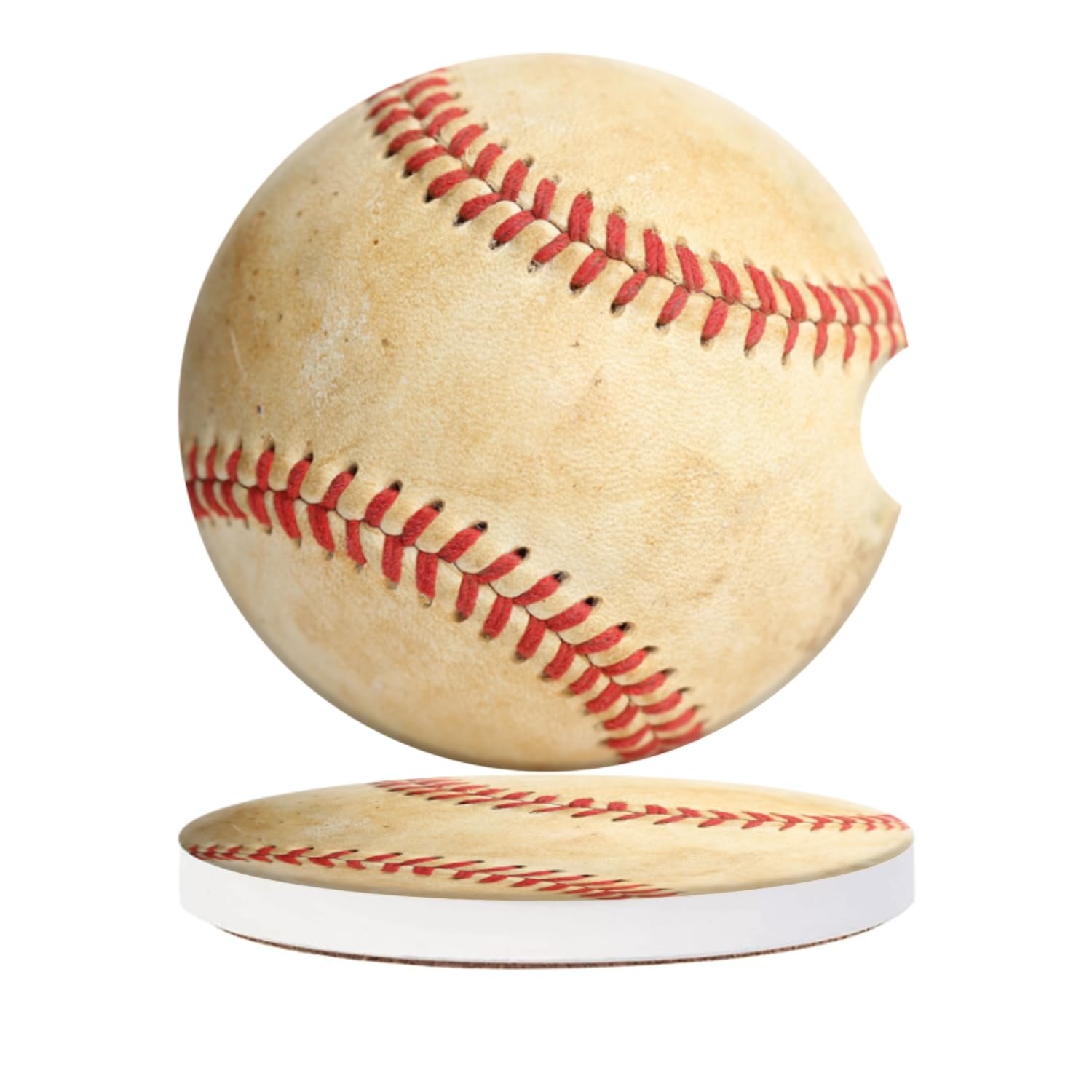 Car Cup Coasters for Cup Holders-Stitching Baseball,Ceramic Cup Coasters with Finger Notch & Cork Base - Anti-Slip Car Interior Accessories for Women Men Pack of 2, 2.56In
