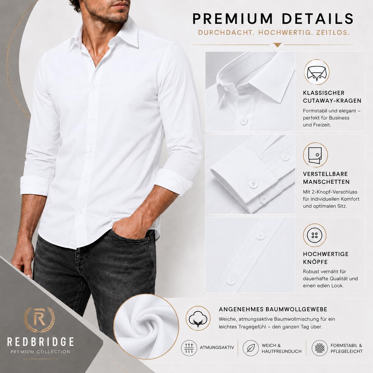 Redbridge Camicia da uomo basic, a maniche lunghe, vestibilità moderna, colletto a
