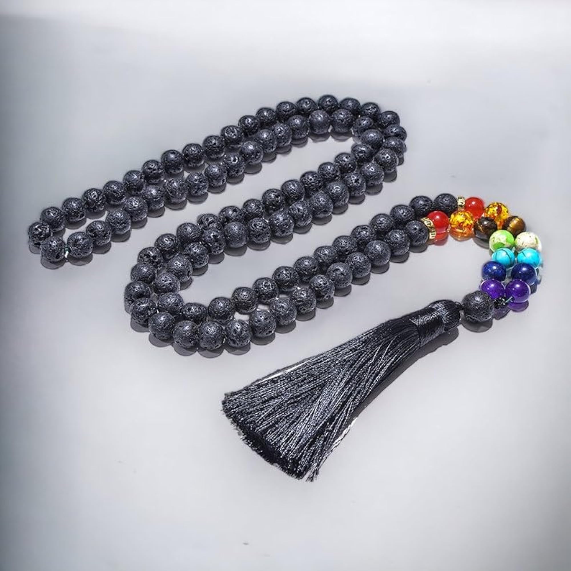 Natural 7 Chakra Stone & Black Lava Beaded Handmade Prayer Mala Necklace