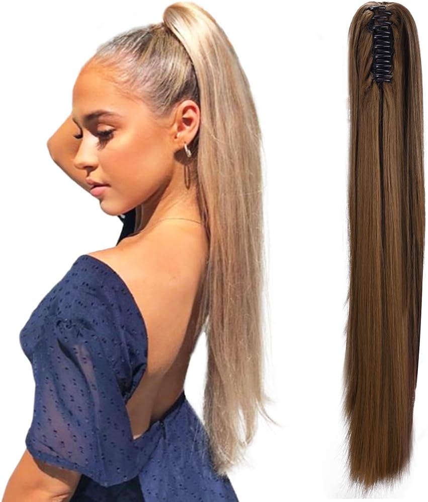 SEIKEA Claw Clip in Ponytail Extension Long Straight Hair for Women Jaw on 22 Inch - Light Chocolate Brown